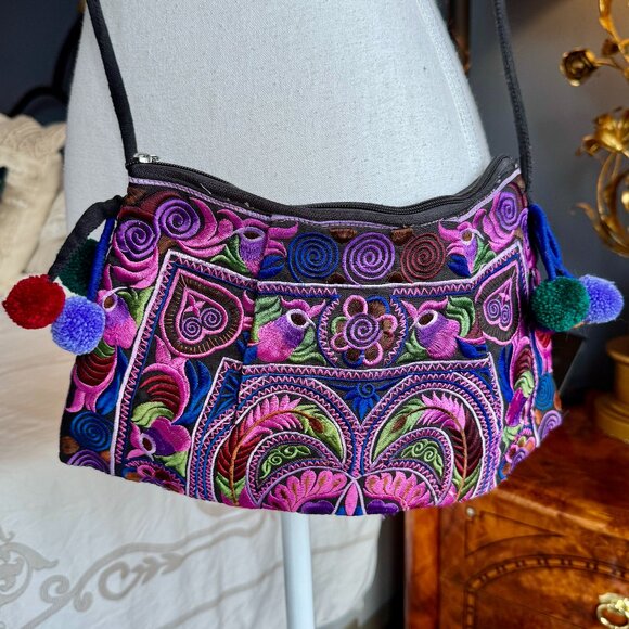 Purple and Pink Embroidered Hmong Crossbody Bag - Picture 1 of 10